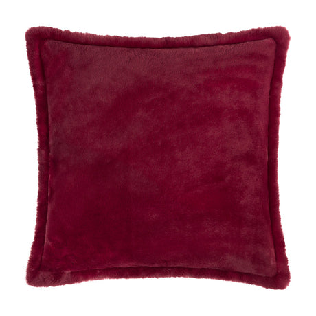 Kallu Plain Faux Fur Cushion in deep berry red, square with an oxford border and dense short-pile fur, shown on a plain white background.