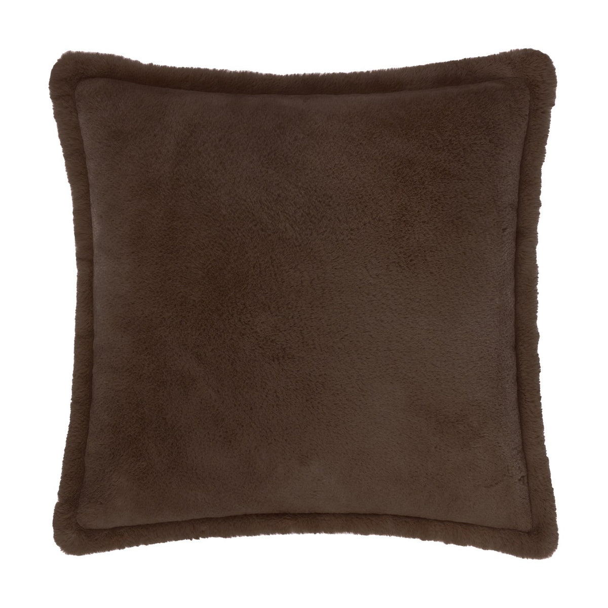 Kallu Plain Faux Fur Cushion in chocolate brown, square with a flanged edge and dense short-pile fur on both faces, shown on a plain white background.