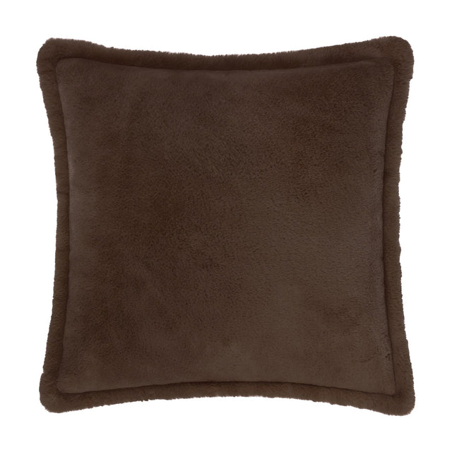 Kallu Plain Faux Fur Cushion in chocolate brown, square with a flanged edge and dense short-pile fur on both faces, shown on a plain white background.