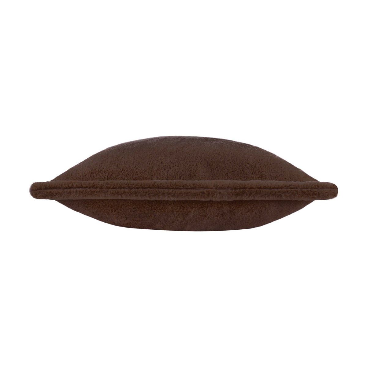 Kallu Plain Faux Fur Cushion in Chocolate, shown side-on with dense brown faux fur pile and a visible centre seam, set against a plain white background.
