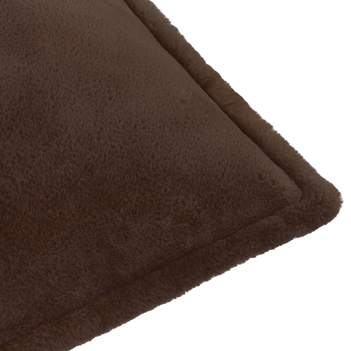 Close-up of the Kallu Plain Faux Fur Cushion in chocolate brown, showing dense fur pile and a stitched edge seam, on a plain white background.