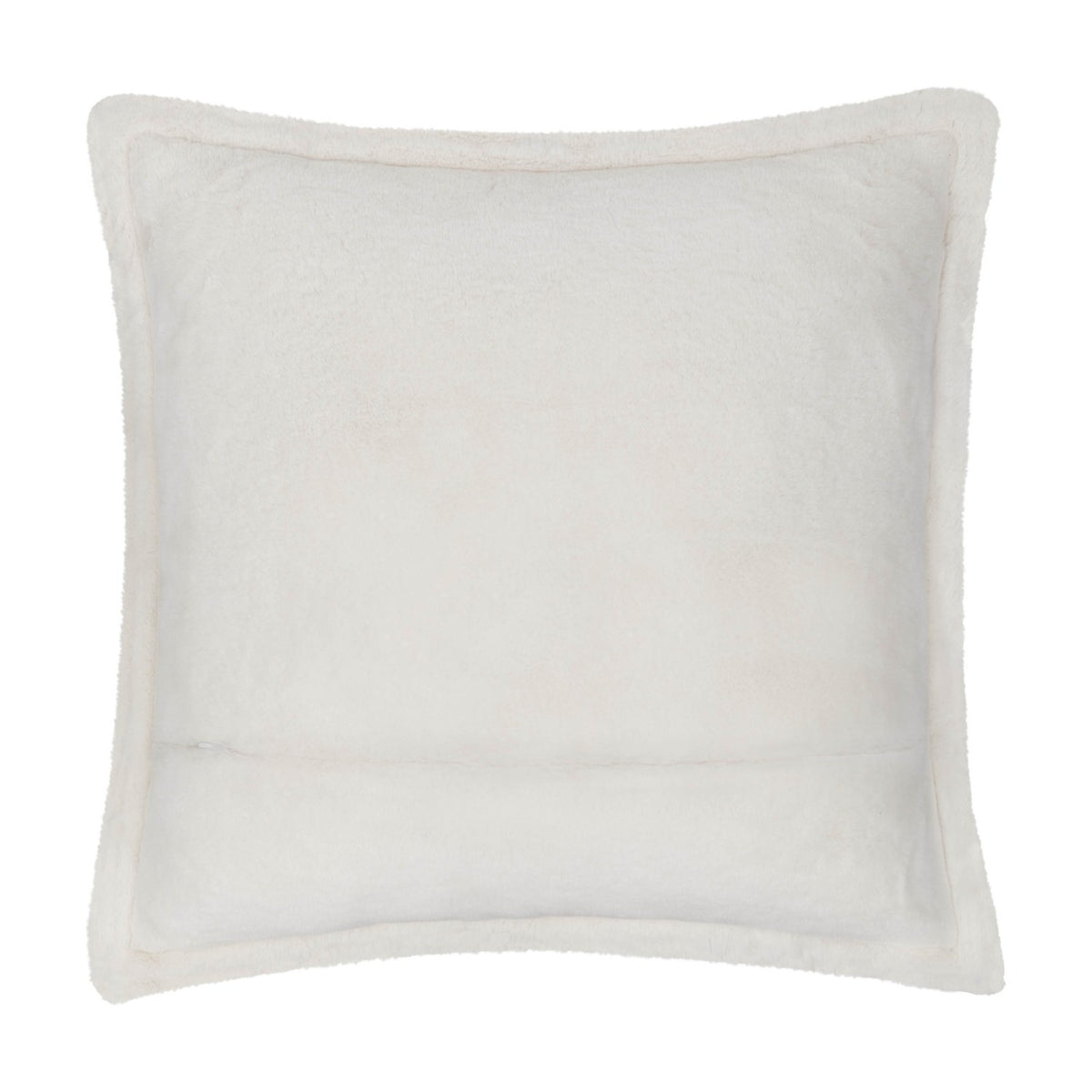 Kallu Reversible Faux Fur Cushion in ecru with Oxford flange border, square shape, plush pile on both sides, shown on a plain white background.