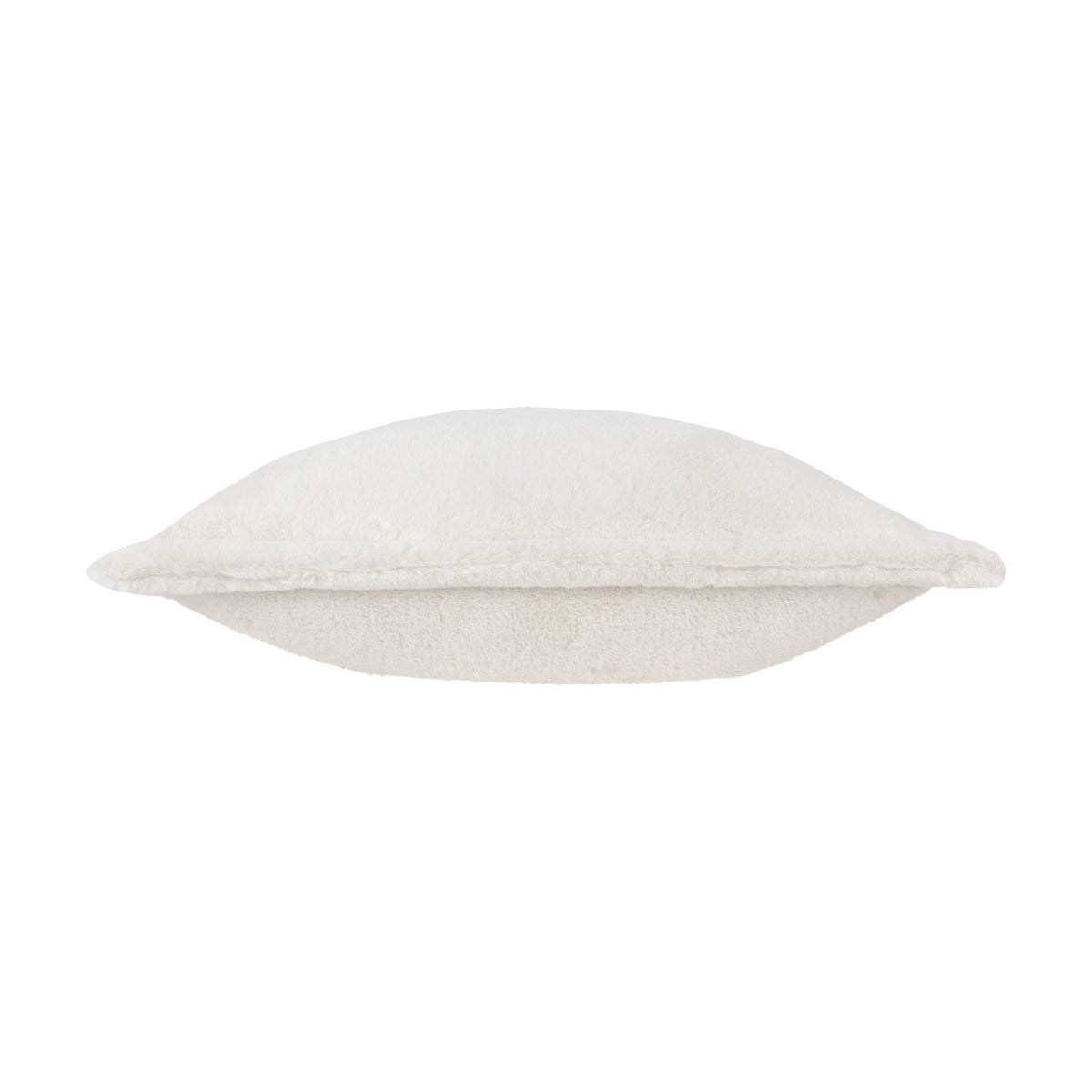 Side view of the Kallu Reversible Faux Fur Cushion in ecru, showing plush pile on both faces and a flat Oxford flange border, on a white background.