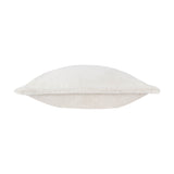 Side view of the Kallu Reversible Faux Fur Cushion in ecru, showing plush pile on both faces and a flat Oxford flange border, on a white background.