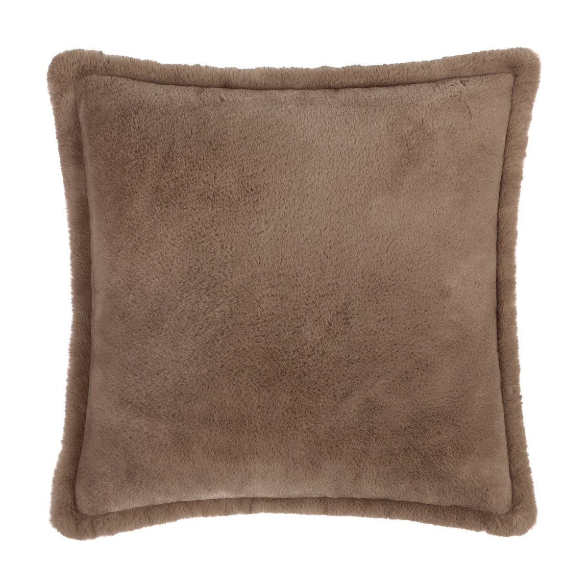 Kallu Plain Faux Fur Cushion in mocha, a square cushion with soft brown pile fabric on both sides and a piped edge, shown on a plain white background.
