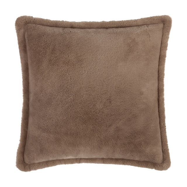 Kallu Plain Faux Fur Cushion in mocha, a square cushion with soft brown pile fabric on both sides and a piped edge, shown on a plain white background.