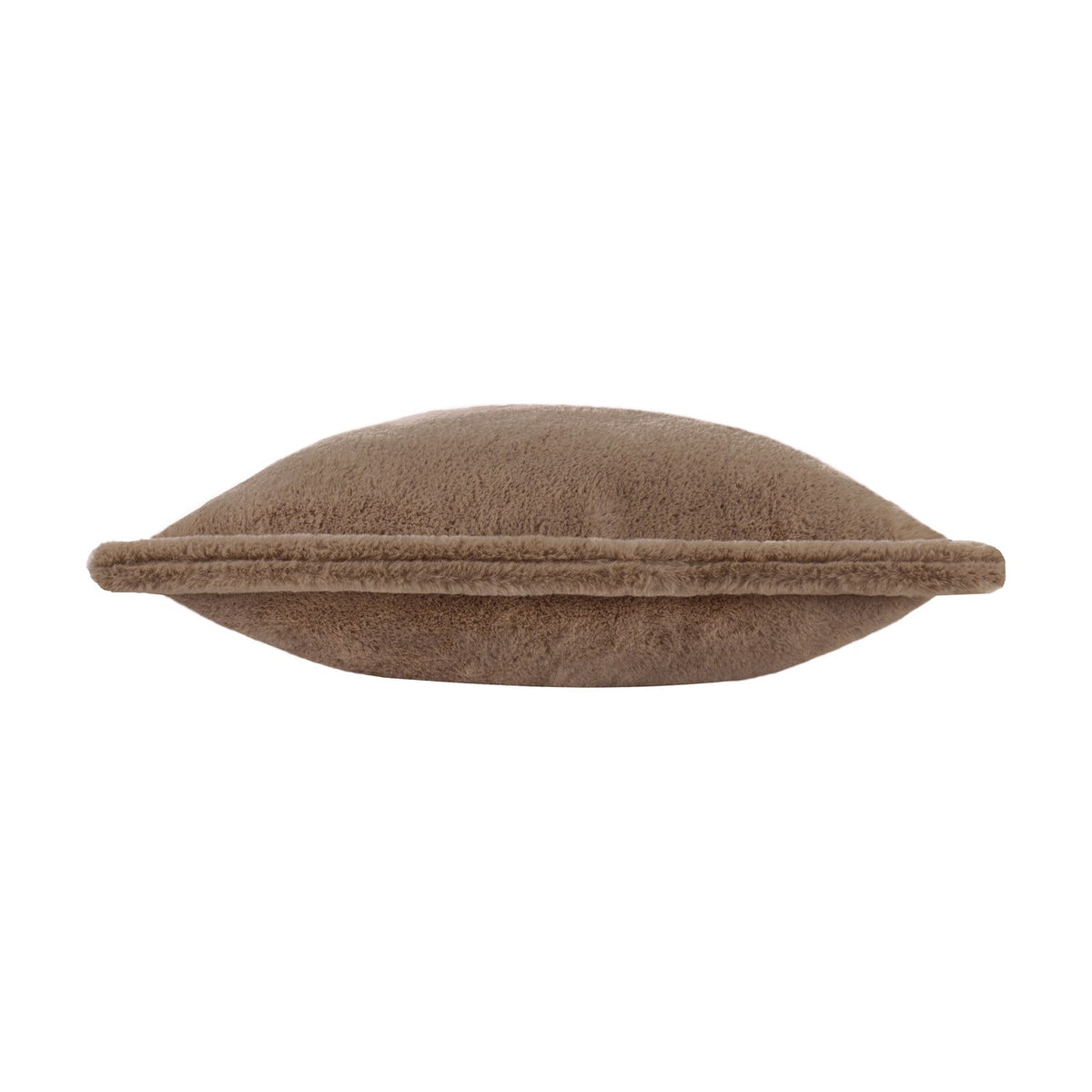 Kallu Plain Faux Fur Cushion in mocha, side view showing soft brown pile fabric and piped edge seam on a plain white background.
