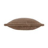 Kallu Plain Faux Fur Cushion in mocha, side view showing soft brown pile fabric and piped edge seam on a plain white background.
