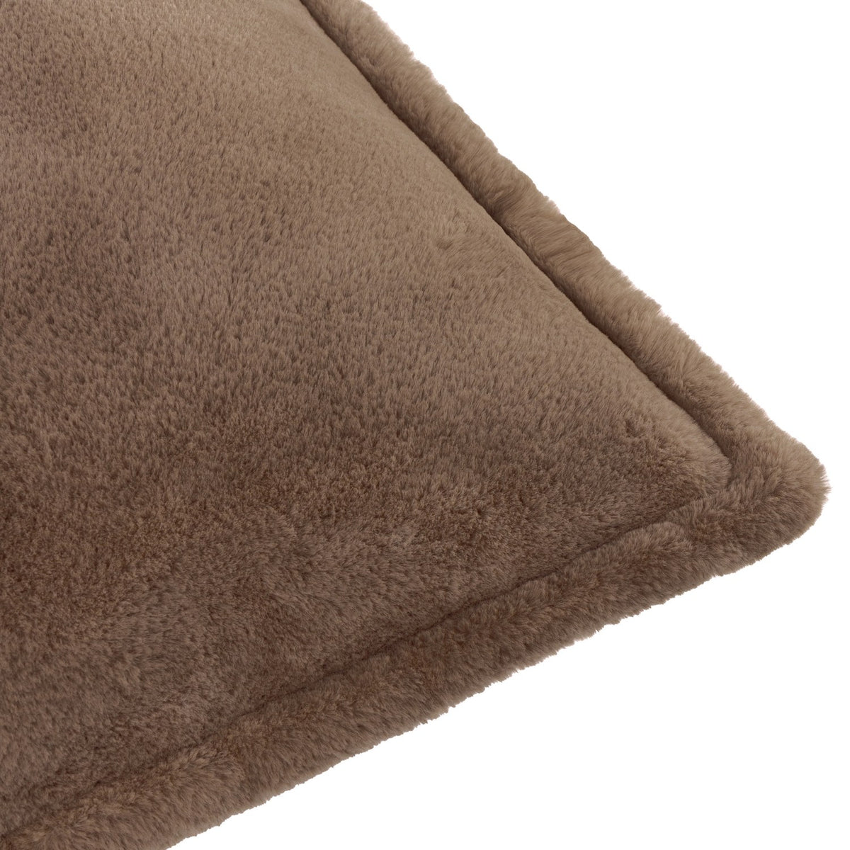 Close-up of the Kallu Plain Faux Fur Cushion in mocha, showing the soft brown pile fabric and stitched edge seam on a white background.