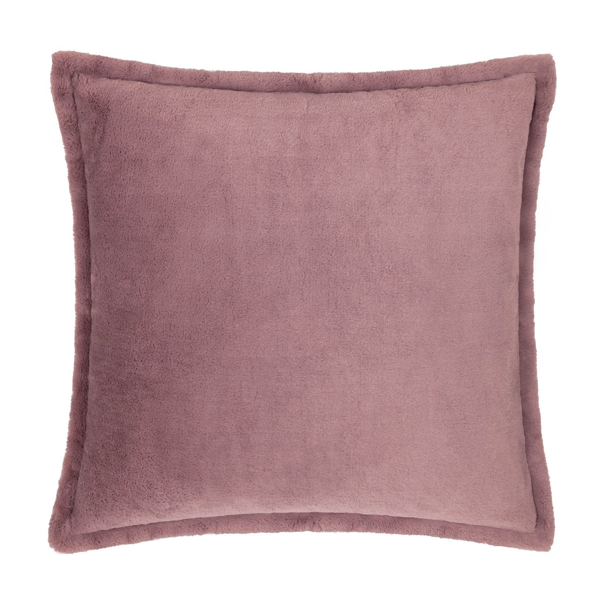 Kallu Reversible Faux Fur Cushion in mulberry, a square cushion with dense brushed pile and an Oxford flange border, shown on a plain white background.