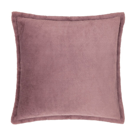 Kallu Reversible Faux Fur Cushion in mulberry, a square cushion with dense brushed pile and an Oxford flange border, shown on a plain white background.