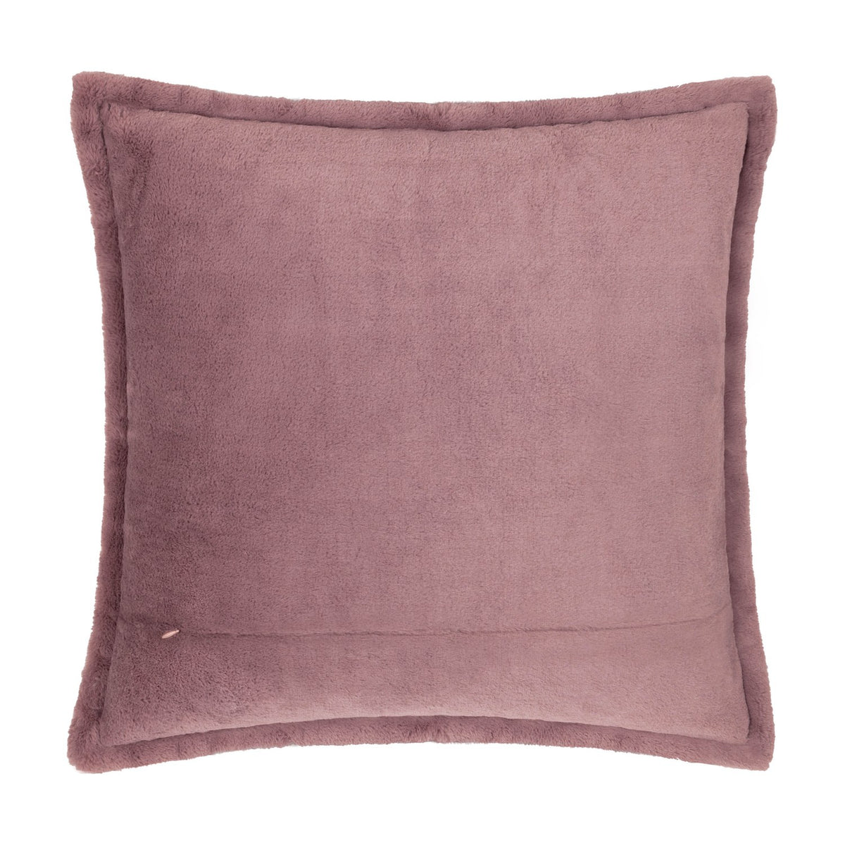 Kallu Reversible Faux Fur Cushion in mulberry, a square design with dense brushed pile and an Oxford flange border, shown on a plain white background.