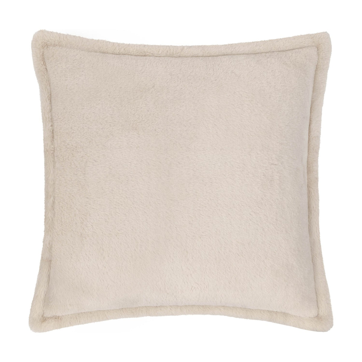 Kallu Reversible Faux Fur Cushion in natural beige, square shape with plush pile and Oxford flange border, shown on a plain white background.