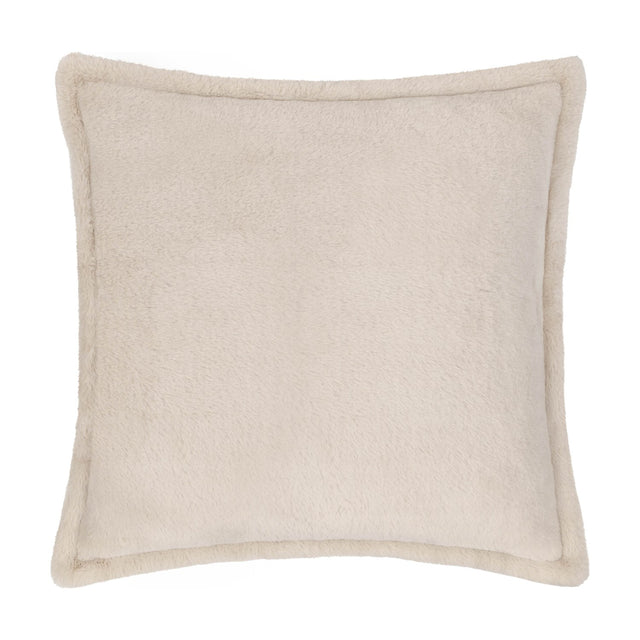 Kallu Reversible Faux Fur Cushion in natural beige, square shape with plush pile and Oxford flange border, shown on a plain white background.