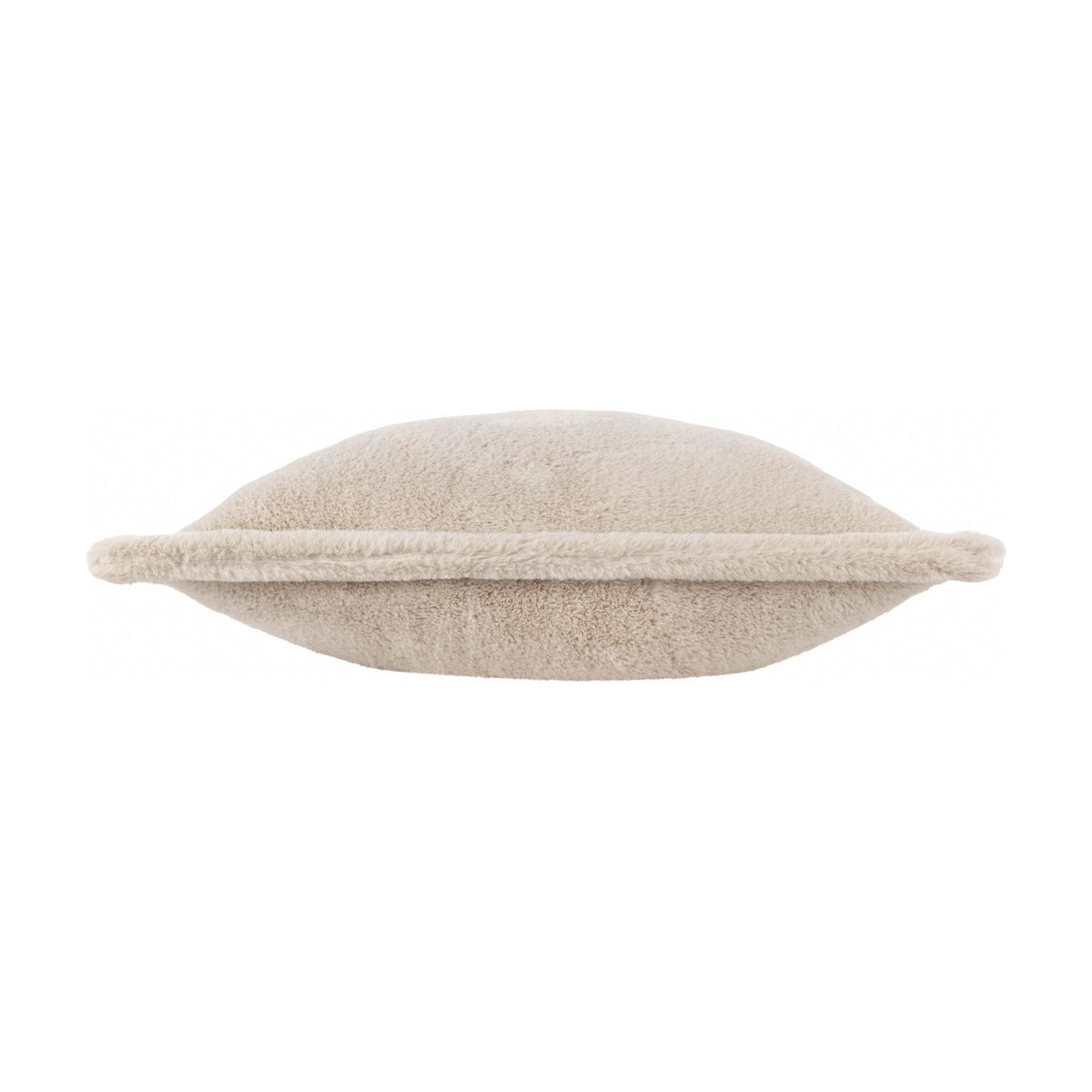 Side view of the Kallu Reversible Faux Fur Cushion in natural beige, showing plush pile texture and flat Oxford flange edging, on a plain white background.