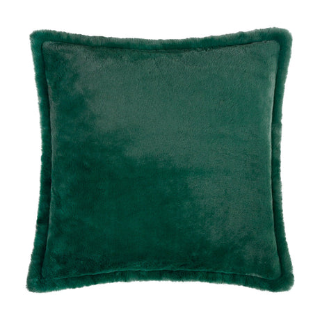 Kallu Plain Faux Fur Cushion in Needle Green, a square 45x45cm design with plush pile and a raised border frame, shown on a plain white background.