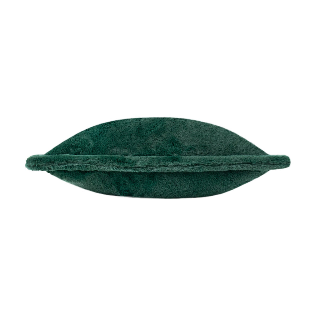 Kallu Plain Faux Fur Cushion in needle green, shown edge-on with plush pile texture and a raised border seam, set against a plain white background.