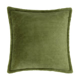Kallu Reversible Faux Fur Cushion in olive green, square with a flanged edge, dense plush pile on both sides, shown on a plain white background.
