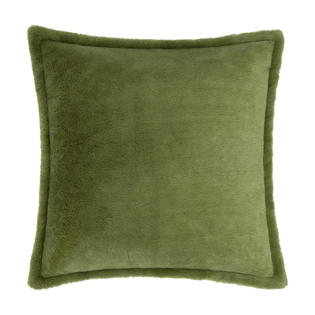 Kallu Reversible Faux Fur Cushion in olive green, square with a flanged edge, dense plush pile on both sides, shown on a plain white background.