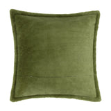 Kallu Reversible Faux Fur Cushion in olive green, square with a flanged edge and dense plush pile on both sides, shown on a plain white background.
