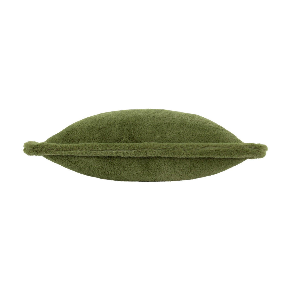 Kallu Reversible Faux Fur Cushion in olive green, oval-shaped with a centre seam and dense plush pile on both sides, shown on a plain white background.