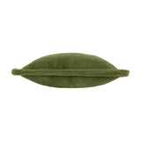 Kallu Reversible Faux Fur Cushion in olive green, oval-shaped with a centre seam and dense plush pile on both sides, shown on a plain white background.