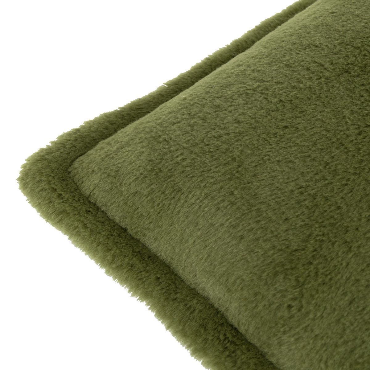 Close-up of the Kallu Reversible Faux Fur Cushion in olive green, showing its dense plush pile and stitched edge on both reversible faces against a white background.
