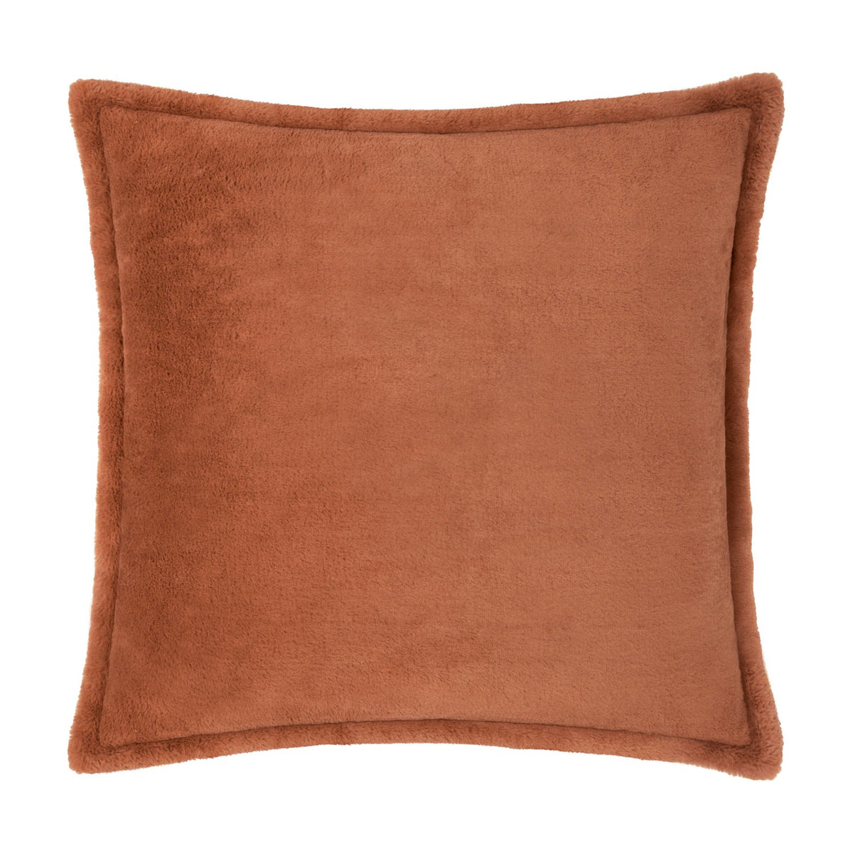 Kallu Reversible Faux Fur Cushion in rust orange, square with a flanged edge and dense plush pile on both sides, shown on a plain white background.