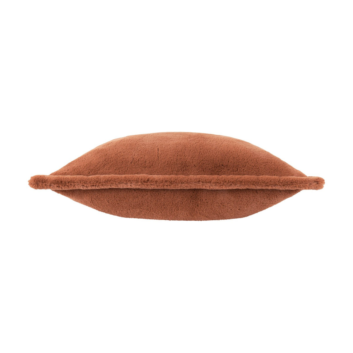 Side view of the Kallu Reversible Faux Fur Cushion in rust, showing its plump, rounded shape and dense plush pile on a plain white background.