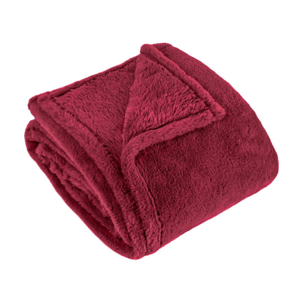 Kallu Polyester Throw in berry-red faux fur, folded to show its dense plush pile and neat edge stitching, on a plain white background.