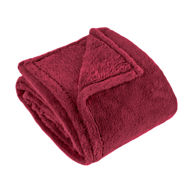 Kallu Polyester Throw in berry-red faux fur, folded to show its dense plush pile and neat edge stitching, on a plain white background.