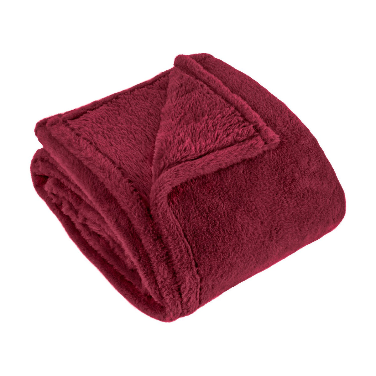 Kallu Polyester Throw in berry-red, folded to show its dense, plush faux fur pile, photographed against a plain white background.