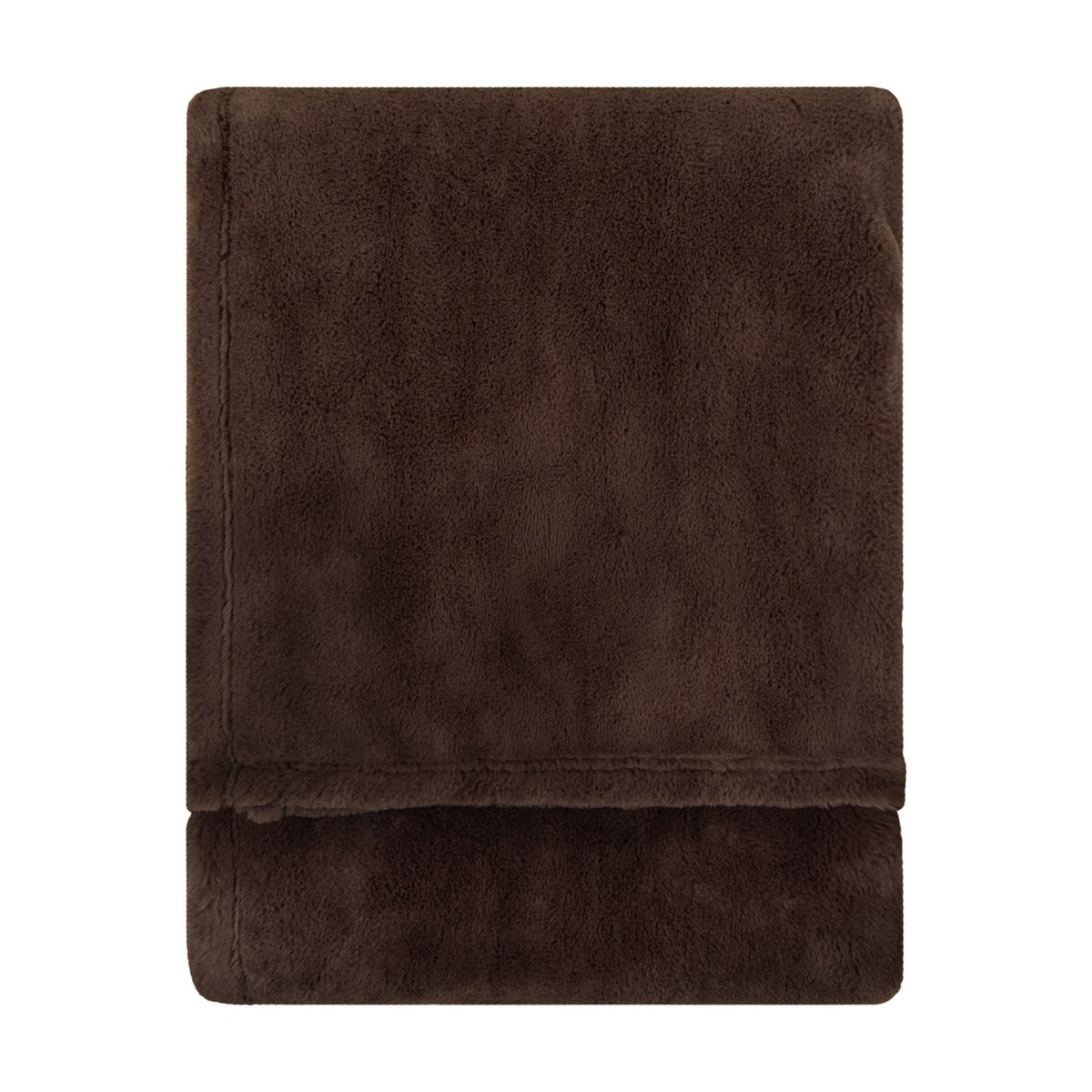 Kallu Plain Faux Fur Throw in chocolate brown, folded to show its dense double-sided pile and flat woven edge border, on a plain white background.