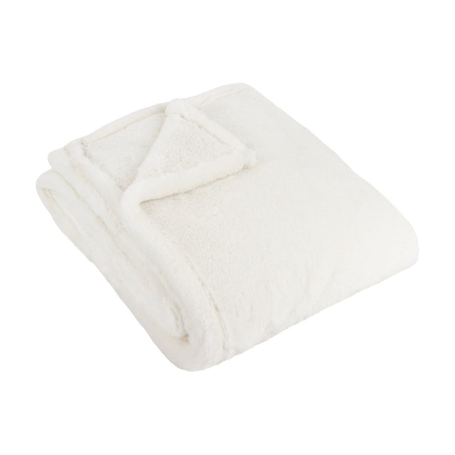 Kallu Reversible Faux Fur Throw in Ecru, folded showing its soft double-sided pile in cream polyester, set against a plain white background.
