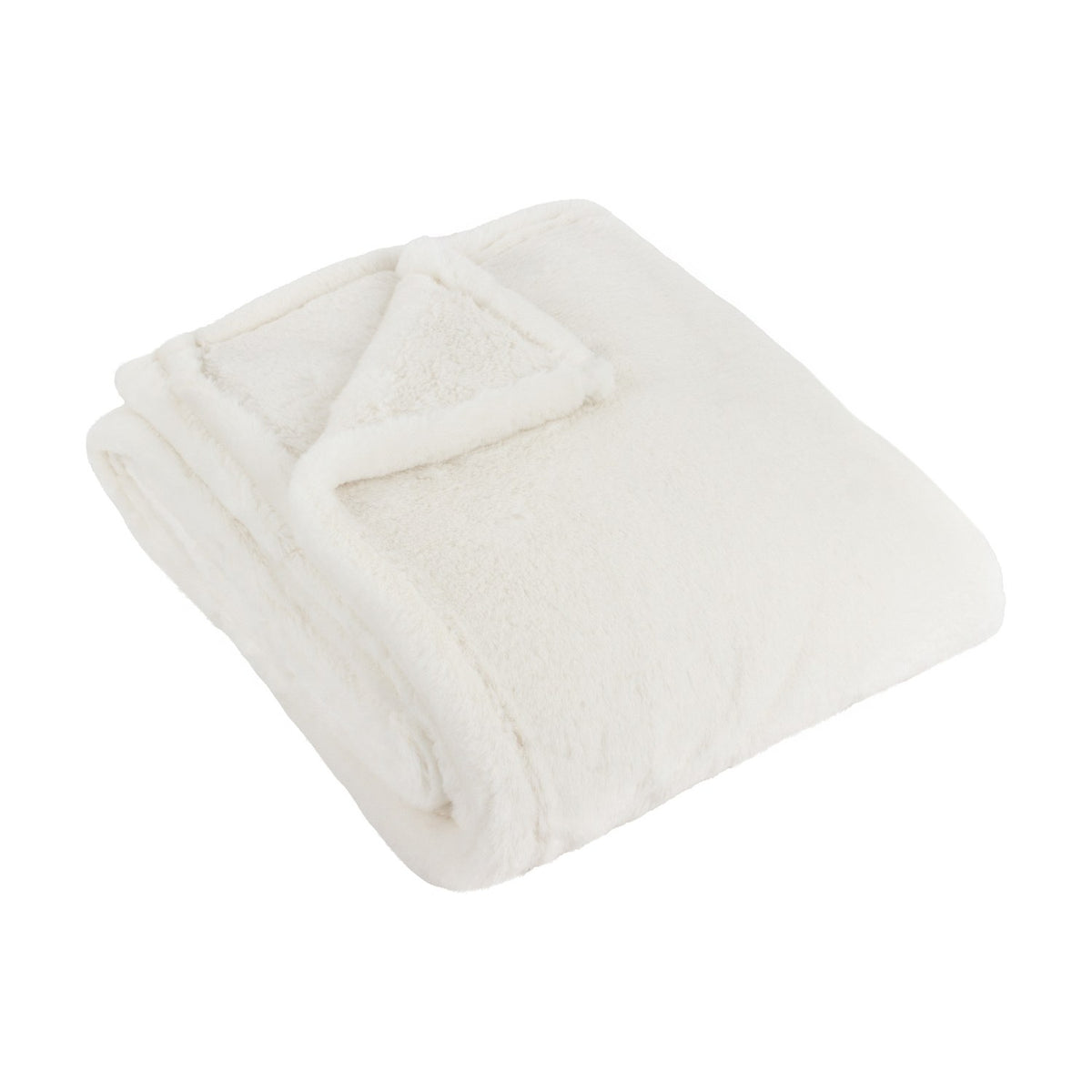 Kallu Reversible Faux Fur Throw in Ecru, folded to show its soft double-sided pile and bound edge, photographed against a plain white background.