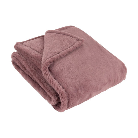 Kallu Reversible Faux Fur Throw in mulberry pink, neatly folded to show its dense, plush pile on both sides, set against a plain white background.