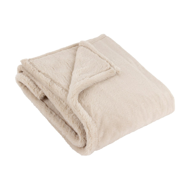 Kallu Reversible Faux Fur Throw in natural, folded to show its double-sided fur texture, photographed against a plain white background.