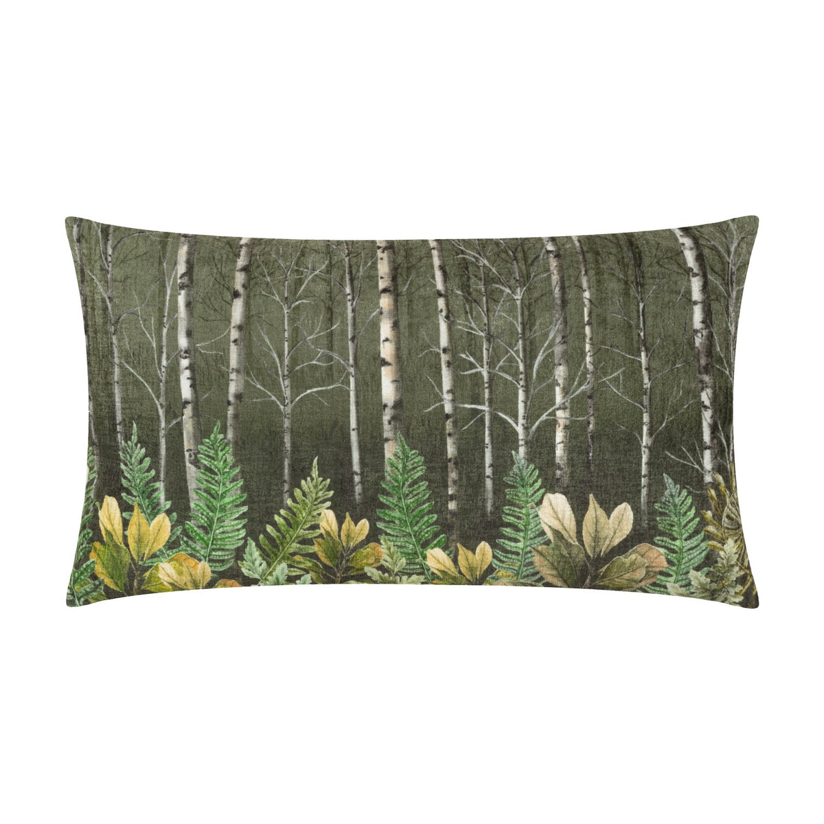 Rectangular velvet cushion in khaki green, printed with a birch tree woodland scene and ferns along the base, shown on a plain white background.