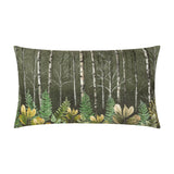 Rectangular velvet cushion in khaki green, printed with a birch tree woodland scene and ferns along the base, shown on a plain white background.