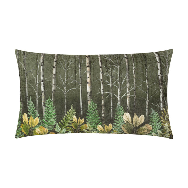 Rectangular velvet cushion in khaki green, printed with a birch tree woodland scene and ferns along the base, shown on a plain white background.
