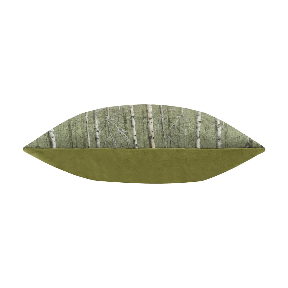 Kielder Forest Plain Velvet Cushion in khaki, rectangular bolster shape with a birch tree woodland print on one side and plain khaki velvet on the reverse, shown on a white background.