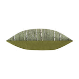 Kielder Forest Plain Velvet Cushion in khaki, rectangular bolster shape with a birch tree woodland print on one side and plain khaki velvet on the reverse, shown on a white background.