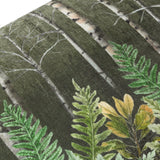 Close-up of the Kielder Forest Plain Velvet Cushion in khaki, showing digitally printed birch trunks and green fern leaves on soft polyester velvet fabric.