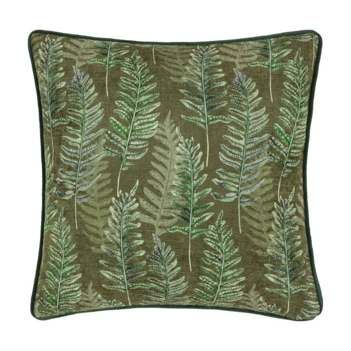 Kielder Forest Woodland Velvet Cushion in khaki, featuring a hand-painted fern print in shades of green with dark green piped edging, shown on a plain white background.
