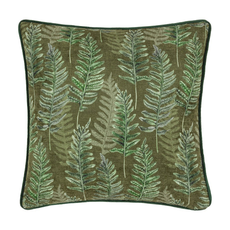 Kielder Forest Woodland Velvet Cushion in khaki, featuring a hand-painted fern print in shades of green with dark green piped edging, shown on a plain white background.