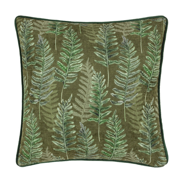 Kielder Forest Woodland Velvet Cushion in khaki, featuring a hand-painted fern print in shades of green with dark green piped edging, shown on a plain white background.