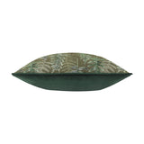 Kielder Forest Woodland Velvet Cushion in khaki, shown side-on with a fern-print fabric front and plain green velvet back, on a white background.