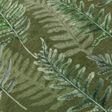 Close-up of the Kielder Forest Woodland Velvet Cushion in khaki, showing hand-painted fern fronds in sage and green tones on a velvet fabric surface.