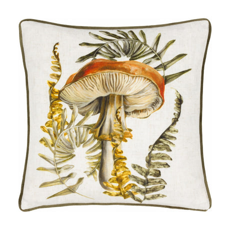 Kielder Forest Mushroom Velvet Cushion in natural cream with a rust-capped mushroom print, olive fern and ochre foliage details, and olive-green piping, shown on a plain white background.