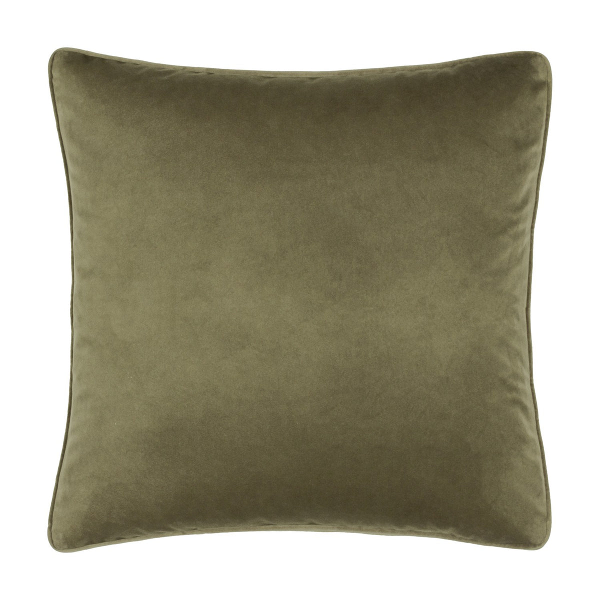 Square 43 x 43cm cushion in plain olive-green velvet, shown reverse side with piped edging, on a white background.